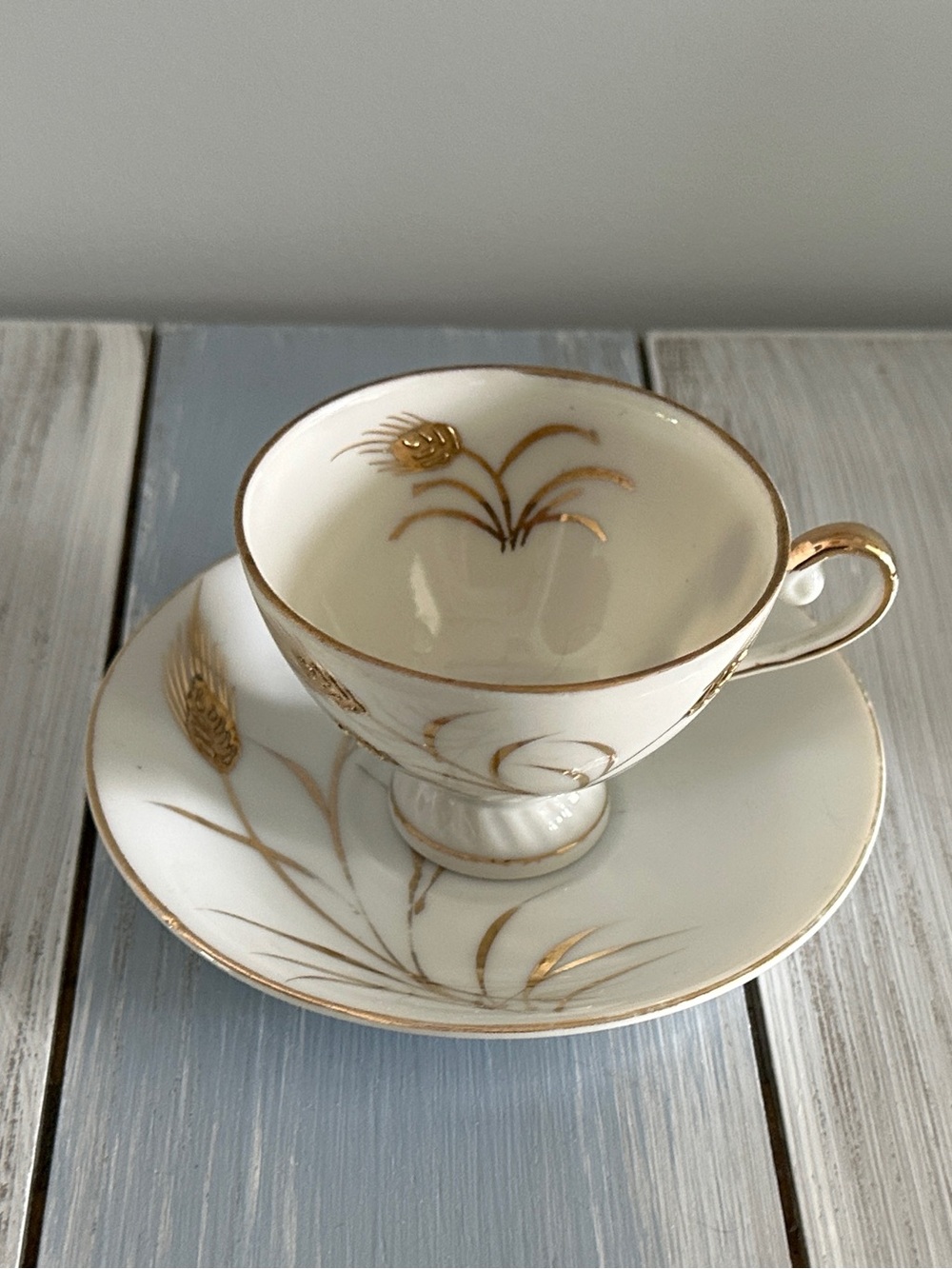 Lefton China Tea Cup & Saucer Hand Painted Gold Wheat Japan Numbered